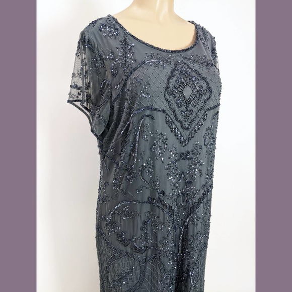 Pisarro Nights Plus Size 18W Embellished Mesh Gown In Steel Gray Blue - Picture 3 of 12